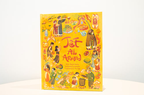 Colorful book cover with illustrations of people and objects on a white background